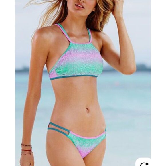 Victorias Secret High Neck Halter Bikini Set M Ombre Lace Pink & Blue With Strap - Picture 1 of 9